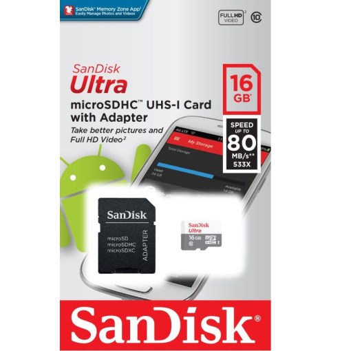Sandisk Ultra 16GB microSDHC UHS-l Memory Card With Adapter SDSQUNS-016G-GN3MA